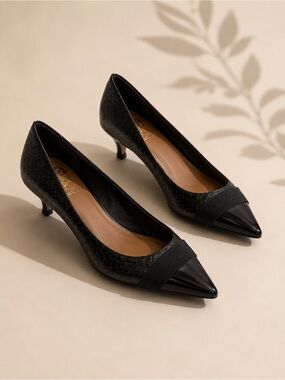 Vince Camuto Black Pointed Toe Kitten Heel Pumps with Patent Cap